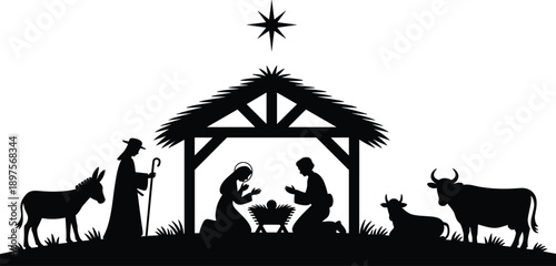 Nativity scene silhouette with Mary Joseph baby Jesus and animals under Bethlehem star isolated on white background for Christmas religious concept