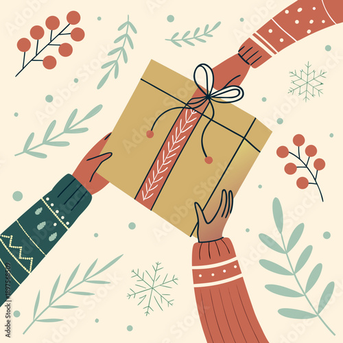 Arms with present in patterned sweaters. Hands in warm sweater gives Christmas present with decorative ornament. Winter festive vector illustration for holiday decor, card, print, textile