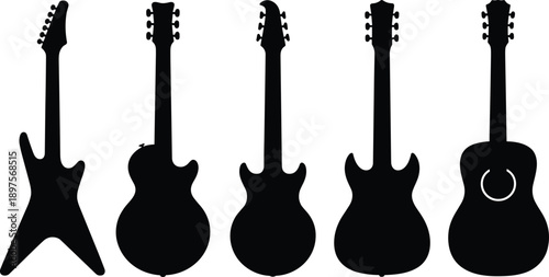 Set of guitar silhouettes in different electric and acoustic styles isolated on white background for music instrument concept, minimal vector illustration design