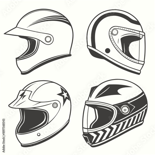 Types of motorcycle helmets set in vintage style. Full face, modular, half, offroad and sport head gear for motor racers. Protective equipment for riders and bikers. Flat isolated vector illustration