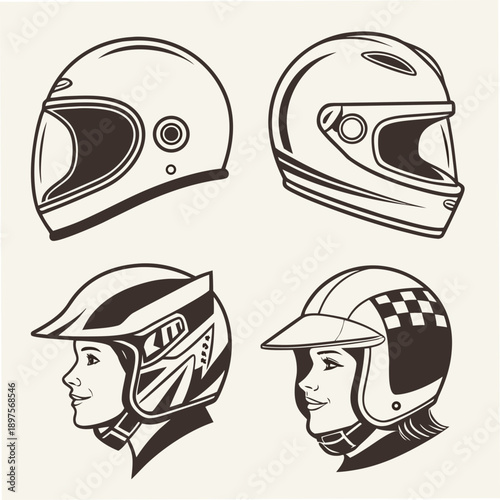 Types of motorcycle helmets set in vintage style. Full face, modular, half, offroad and sport head gear for motor racers. Protective equipment for riders and bikers. Flat isolated vector illustration