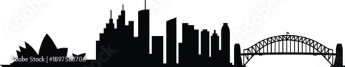 Sydney city skyline silhouette with Opera House and Harbour Bridge isolated on white background for travel tourism concept, minimal vector illustration design