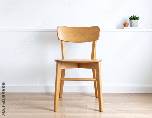 Enhance your space with this minimalist wooden chair set against a clean white wall. Its modern design and natural wood finish offer a serene, Scandinavian feel for contemporary interiors.