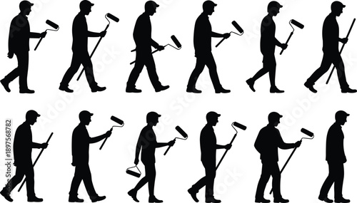 Set of painter worker silhouettes holding paint roller in different walking poses isolated on white background for construction, renovation, minimal vector illustration