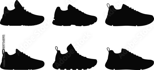 Set of sneaker shoe silhouettes in different styles isolated on white background for footwear fashion, sport, fitness, retail, minimal vector illustration