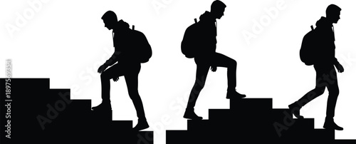 Hiking silhouette sequence, backpacker walking upstairs, travel concept illustration, adventure journey steps, outdoor lifestyle people vector design