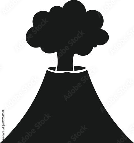 Erupting volcano vector illustration showing dark smoke and red lava flowing down