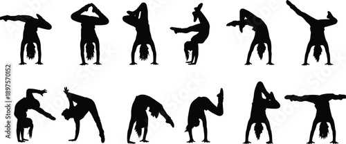handstand, silhouette, pose, black, white, icon, illustration, vector, design, symbol, balance, strength, flexibility, gymnastics, yoga, fitness, movement, acrobatics, body, control, training