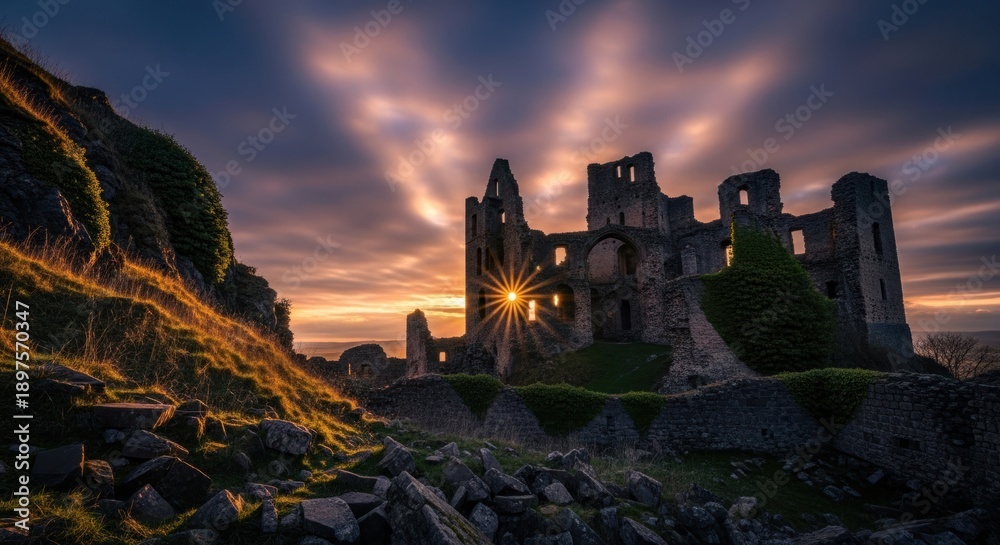 Obraz premium Dramatic sunset illuminates ancient castle ruins on rocky hilltop