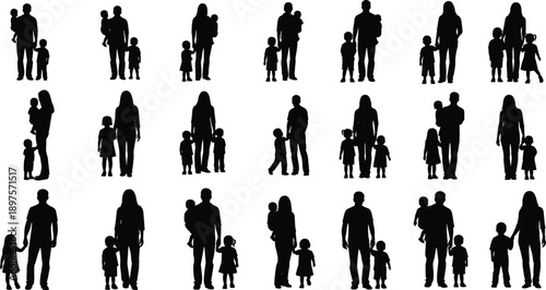 Silhouettes of diverse family groups, single parent with children, father and kids, mother and toddlers, caregiving poses