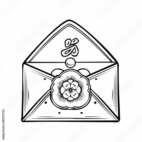 Elegant hand-drawn vector art depicting a festive open envelope with a traditional floral design and symbolic character, ideal for gifting money or special messages during celebrations