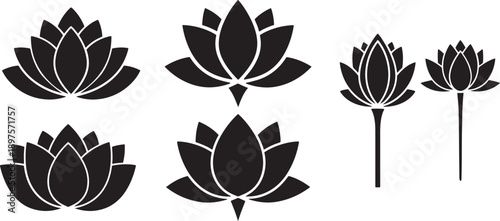 Lotus Flower Silhouette Set – Six Unique Petal and Stem Designs in Black Vector Style