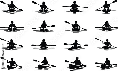 Silhouette kayaking and canoeing icons, paddling poses, water sports activity, adventure illustration, black and white graphic, vector set