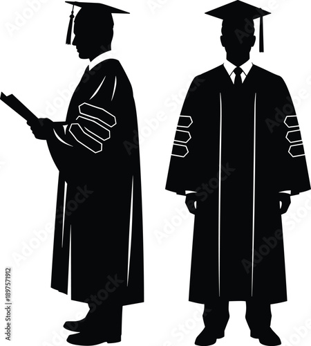 graduation, silhouette, academic, regalia, black, white, icon, illustration, vector, design, symbol, gown, cap, tassel, diploma, doctorate, ceremony, education, achievement, scholar