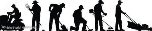 gardening, lawn, care, silhouette, posture, gesture, black, white, icon, illustration, vector, design, symbol, mower, rake, planting, trimming, pitchfork, landscaping, equipment