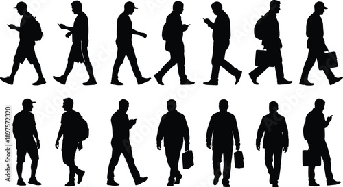 Silhouettes of men walking, casual and business attire, backpacks, briefcases, mobile phones, urban lifestyle, black vector illustration, human motion, technology use, daily commute