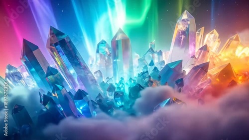 Colorful crystalline structures with illuminated rainbows