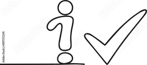 Simple line drawing of person standing beside large checkmark symbol on plain surface viewed from side