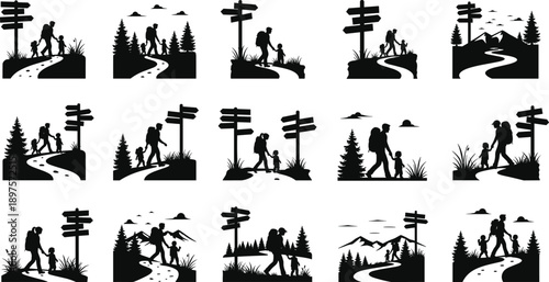PrintSilhouettes of hikers on nature trails, family walking outdoors, scenic paths with trees, mountains, clouds, signposts, black vector illustration, outdoor adventure, bonding moments