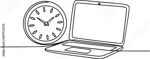 Laptop and clock on table viewed from side in simple line art