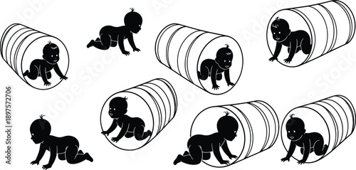 Babies crawling through play tunnels silhouettes, infant movement development, early motor skills training, learning through play, childhood growth, black silhouette illustration