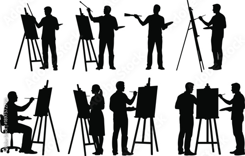Silhouettes of artists painting on canvas, creative people with brushes and palettes, male and female painters at easels, artistic poses, black vector illustration
