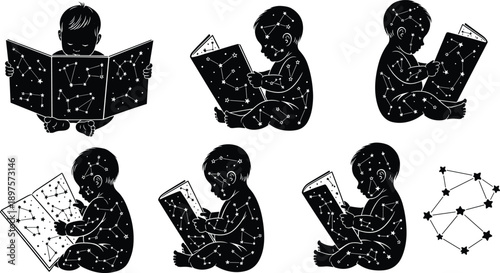 Baby reading constellation book silhouette set, infant learning astronomy illustration, imagination and education concept, stars and knowledge, black vector isolated