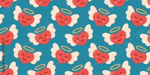 Seamless pattern with cute smiling angel hearts with wings and halo on blue background. Romantic cartoon illustration for Valentine design, wrapping paper, textiles, stationery, wallpapers, print.