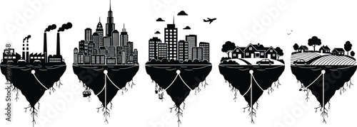 Floating city landscape silhouettes, industry urban suburb countryside scenes, environment lifestyle concept, modern skyline design, cad drawing, flat vector illustration