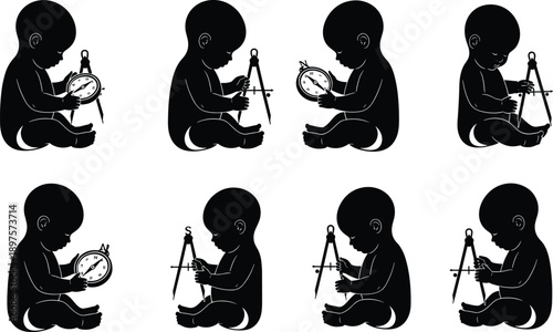 Baby silhouette exploring measuring tools, toddler curiosity with compass and gauge instruments, early learning and discovery illustration isolated on white background