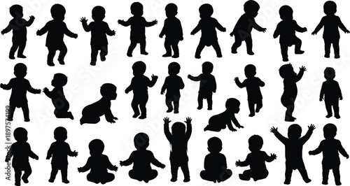 Baby silhouette movement poses set, toddler standing walking and crawling stages, child development and growth illustration isolated on white background