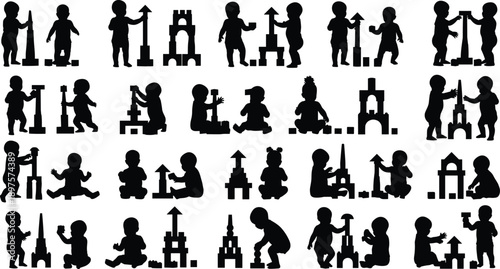 Baby silhouette playing with building blocks, toddler stacking and construction poses, childhood creativity and learning illustration isolated on white background