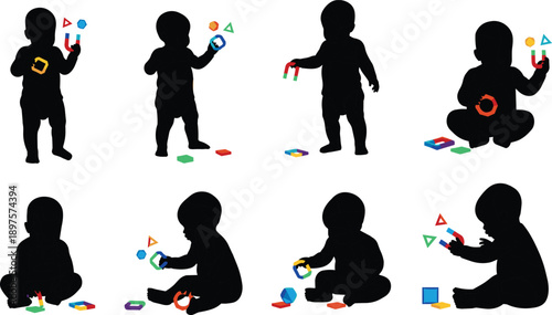 Baby silhouette playing with colorful magnetic toys, toddler learning shapes and blocks, early childhood education illustration isolated on white background