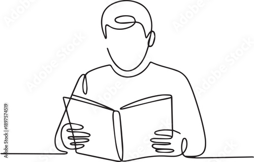 Man reading a book intently at a table in a simple line art style illustration