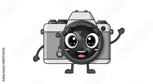 Playful Cartoon Camera Character with Big Eyes and Smile.