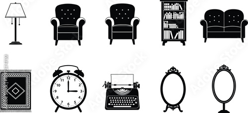 Home Interior Furniture and Decorative Objects Silhouette Vector Set