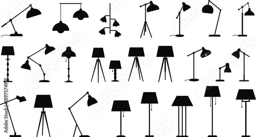 Collection of floor lamp and desk lamp silhouettes, modern interior lighting icons and lampshade vector set.