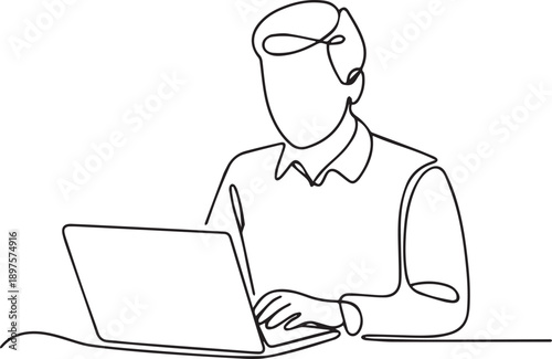 Man working on laptop with stylus in a modern office setting from a front viewpoint