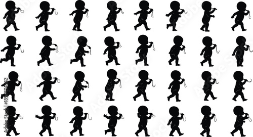 Baby silhouette walking sequence, toddler movement and step progression poses, child development and motion illustration isolated on white background