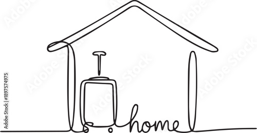 Continuous line drawing of a person arriving home with luggage, simple illustration, domestic scene, single viewpoint