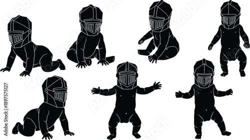 Baby silhouette wearing medieval knight helmet, playful toddler fantasy warrior poses, childhood imagination and fairytale illustration isolated on white background