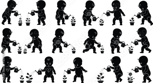 Baby watering plants silhouette set, cute infant gardening illustration, child growth and nature care concept, black vector isolated on white