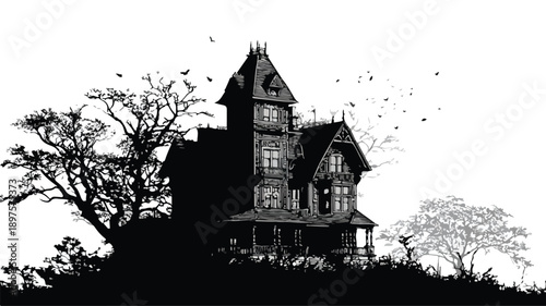 Eerie Haunted House Black Silhouette Vector Art and Illustration