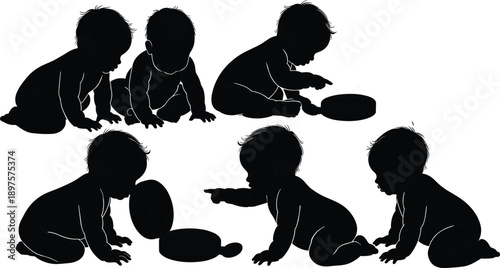 Black silhouette baby crawling set, infant development stages illustration, newborn child poses, minimal vector design isolated on white background