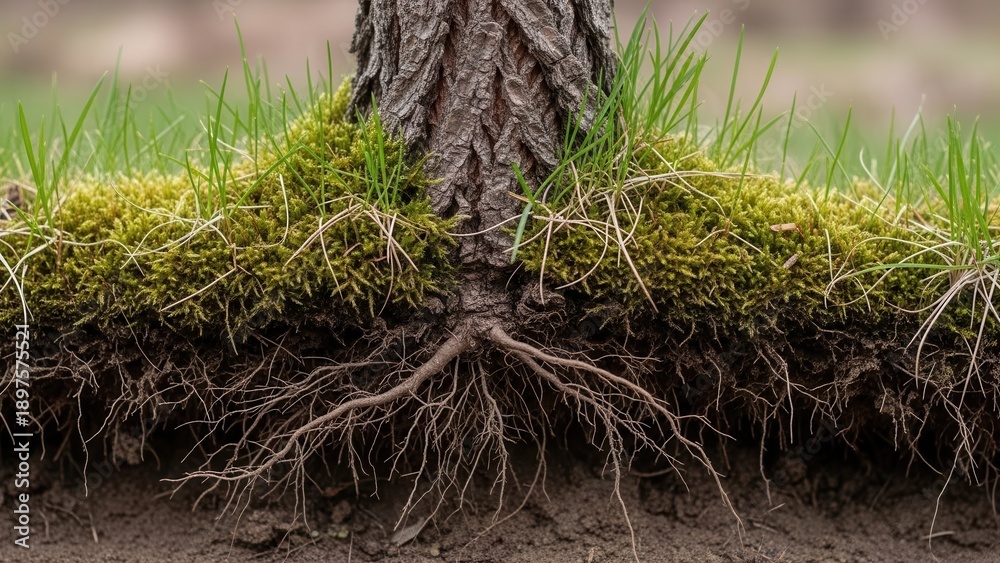 Naklejka premium Subterranean Ecosystem Of A Tree Showing Roots Moss And Grass