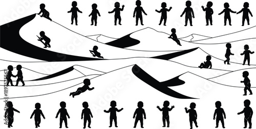 Children movement development silhouettes, kids walking crawling running jumping, growth stages, physical activity, childhood milestones, black silhouette illustration