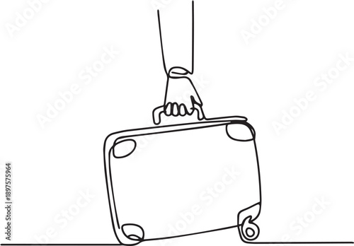 Hand grasping the handle of a wheeled suitcase, standing on a flat surface, viewed from the side