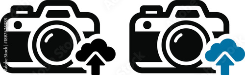 クラウドアップロード付きカメラアイコン｜写真保存・データ送信を表すUI素材 Camera Cloud Upload Icon – Photo Upload and Data Storage Symbol
