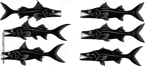 Predatory fish silhouette illustration set, aggressive freshwater and marine hunter fish shapes in black isolated on white background