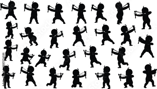 Playful baby with slingshot silhouette set, infant action poses illustration, childhood play and imagination concept, black vector isolated on white